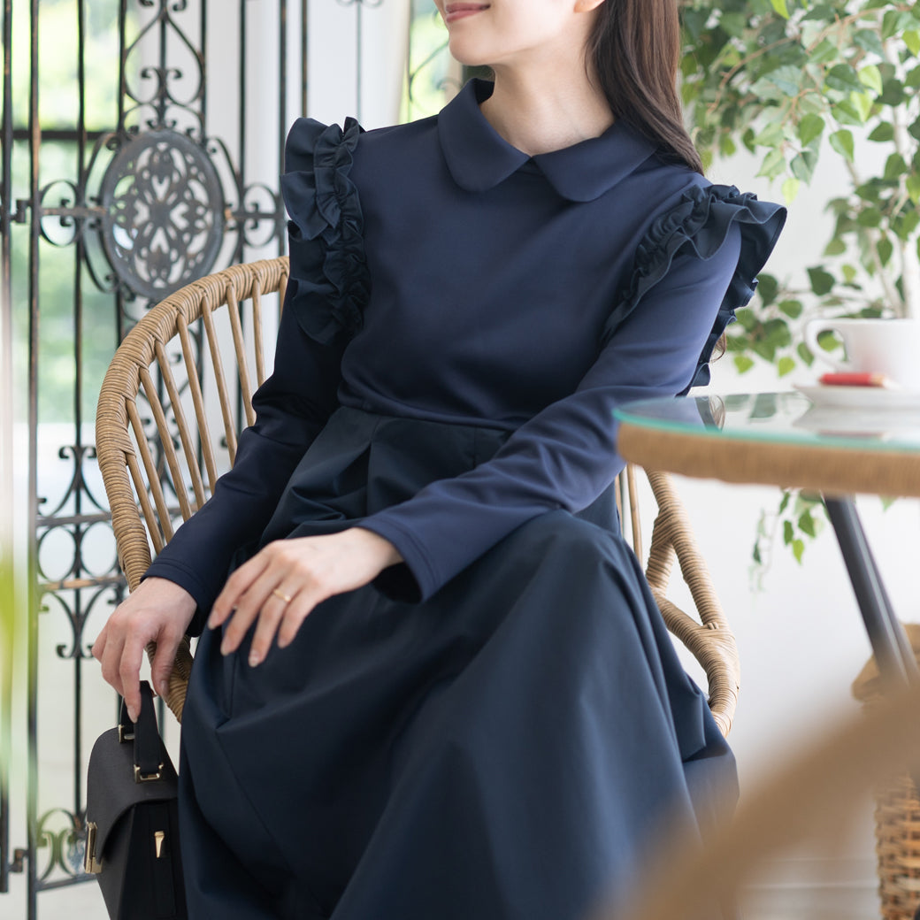 【9月5日(金)13時〜新発売】丸襟肩フリルタフタ切替ワンピース