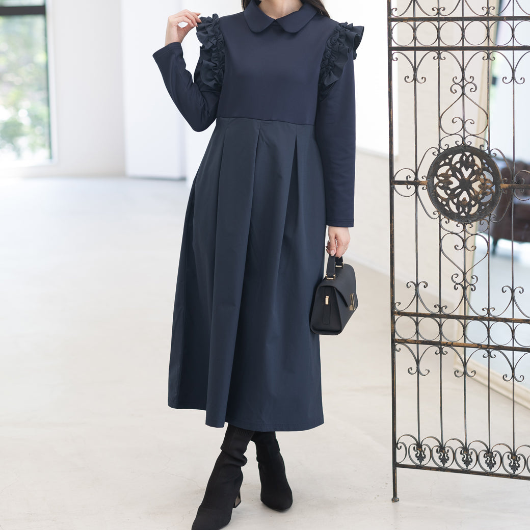 【9月5日(金)13時〜新発売】丸襟肩フリルタフタ切替ワンピース