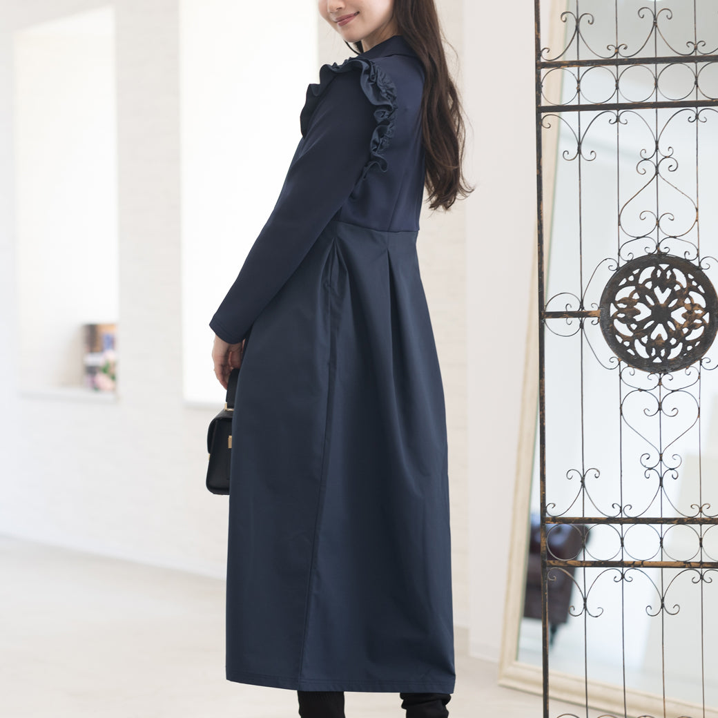 【9月5日(金)13時〜新発売】丸襟肩フリルタフタ切替ワンピース