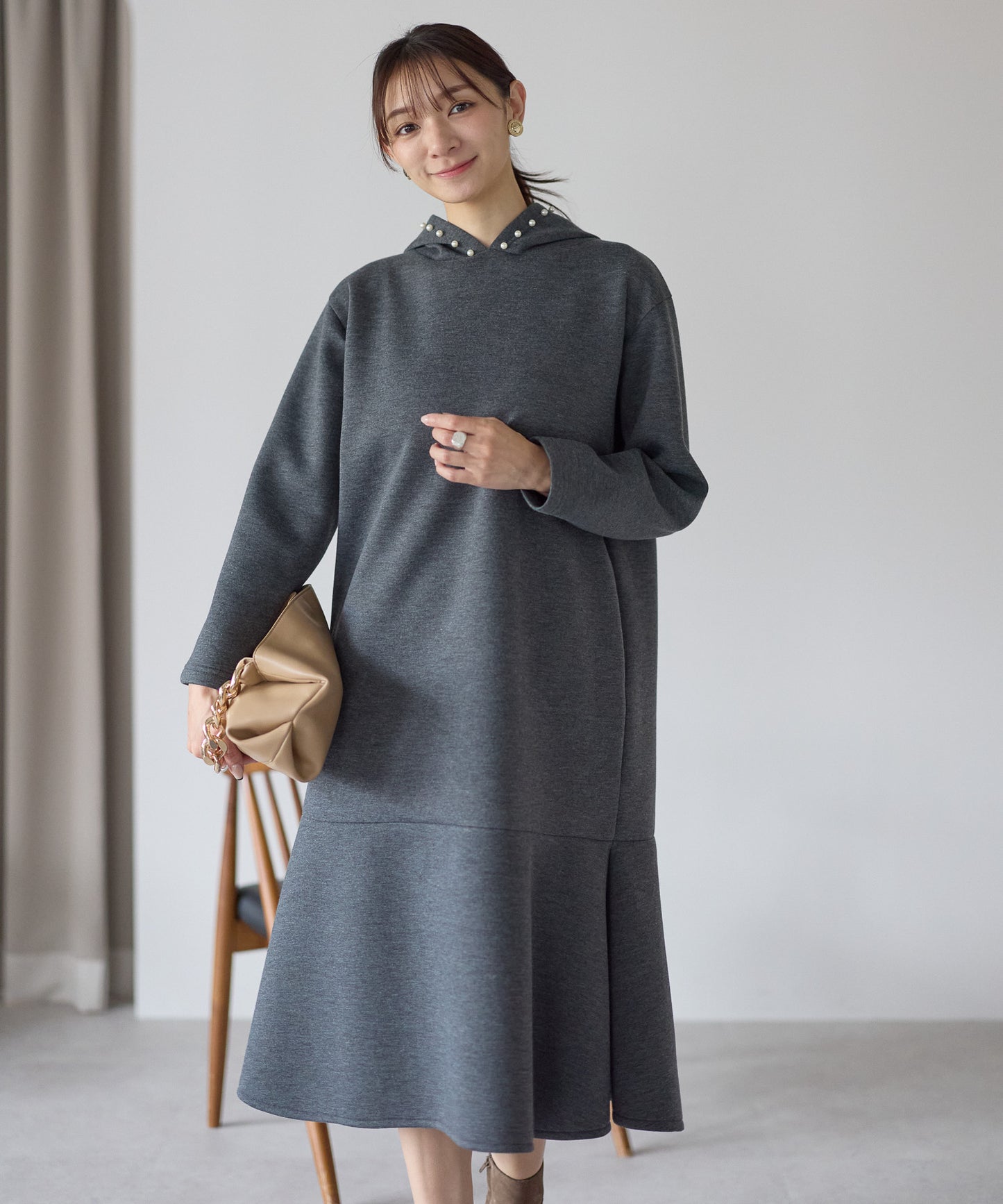 【1月4日(日)20時〜新発売】パールフードフレアワンピース　