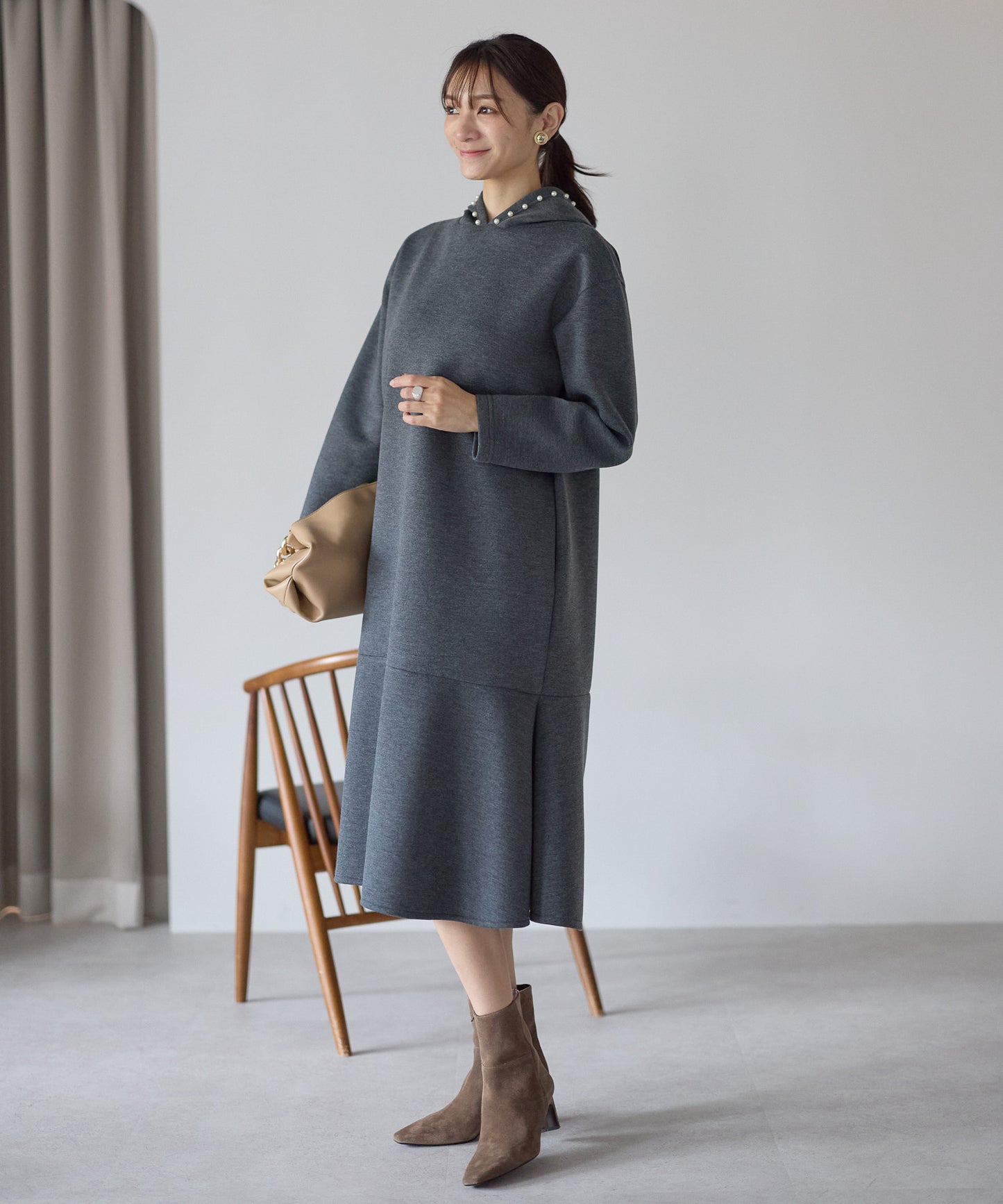 【1月4日(日)20時〜新発売】パールフードフレアワンピース　