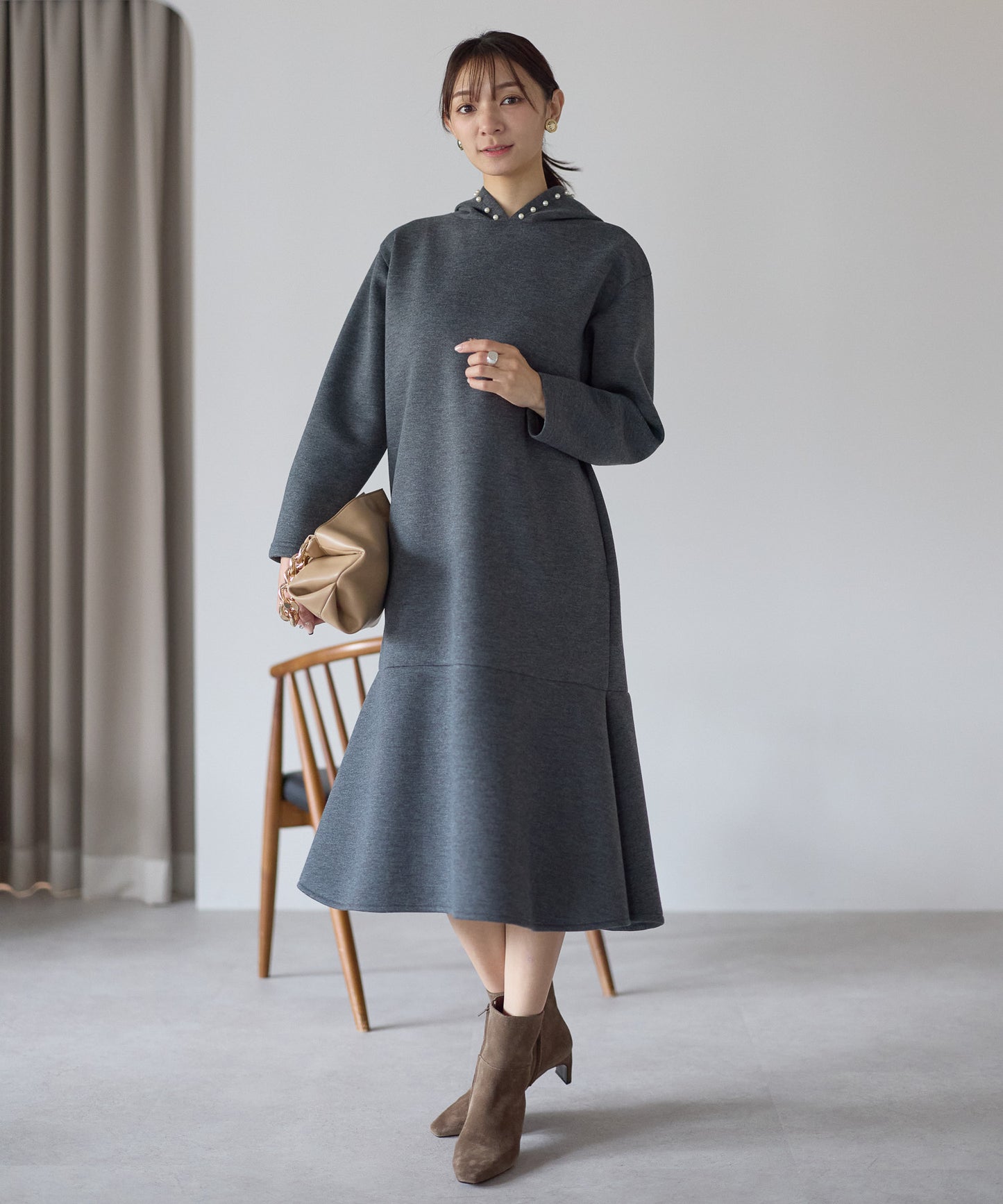 【1月4日(日)20時〜新発売】パールフードフレアワンピース　