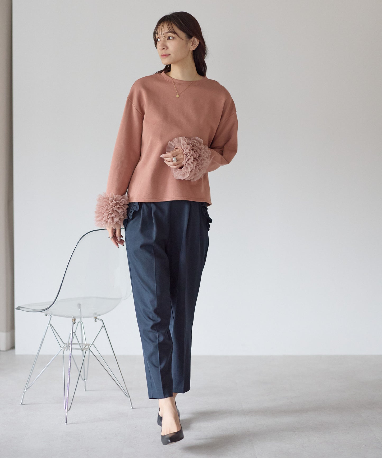 【11月28日(金)13時〜新発売】袖チュールフリルスウェットトップス