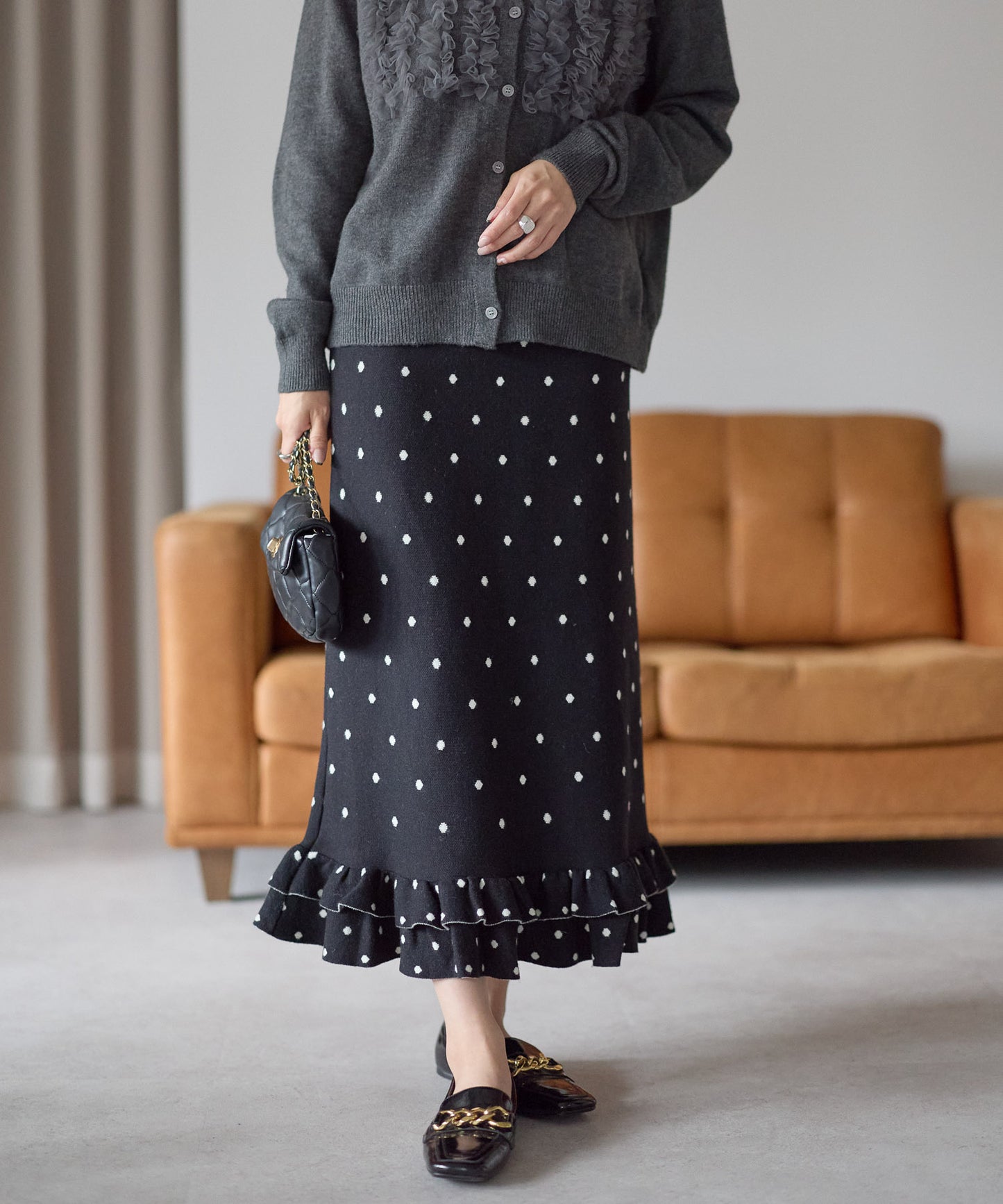 【12月5日(金)13時〜新発売】ミニドットフリルヘムニットスカート
