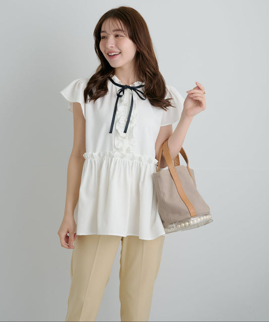 【4月5日(日)20時〜新発売】リボンカラーラッフルペプラムブラウス