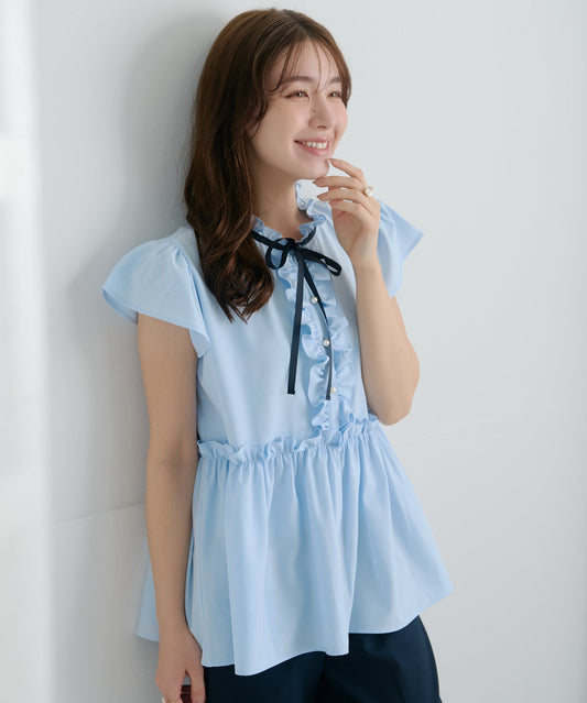 【4月5日(日)20時〜新発売】リボンカラーラッフルペプラムブラウス