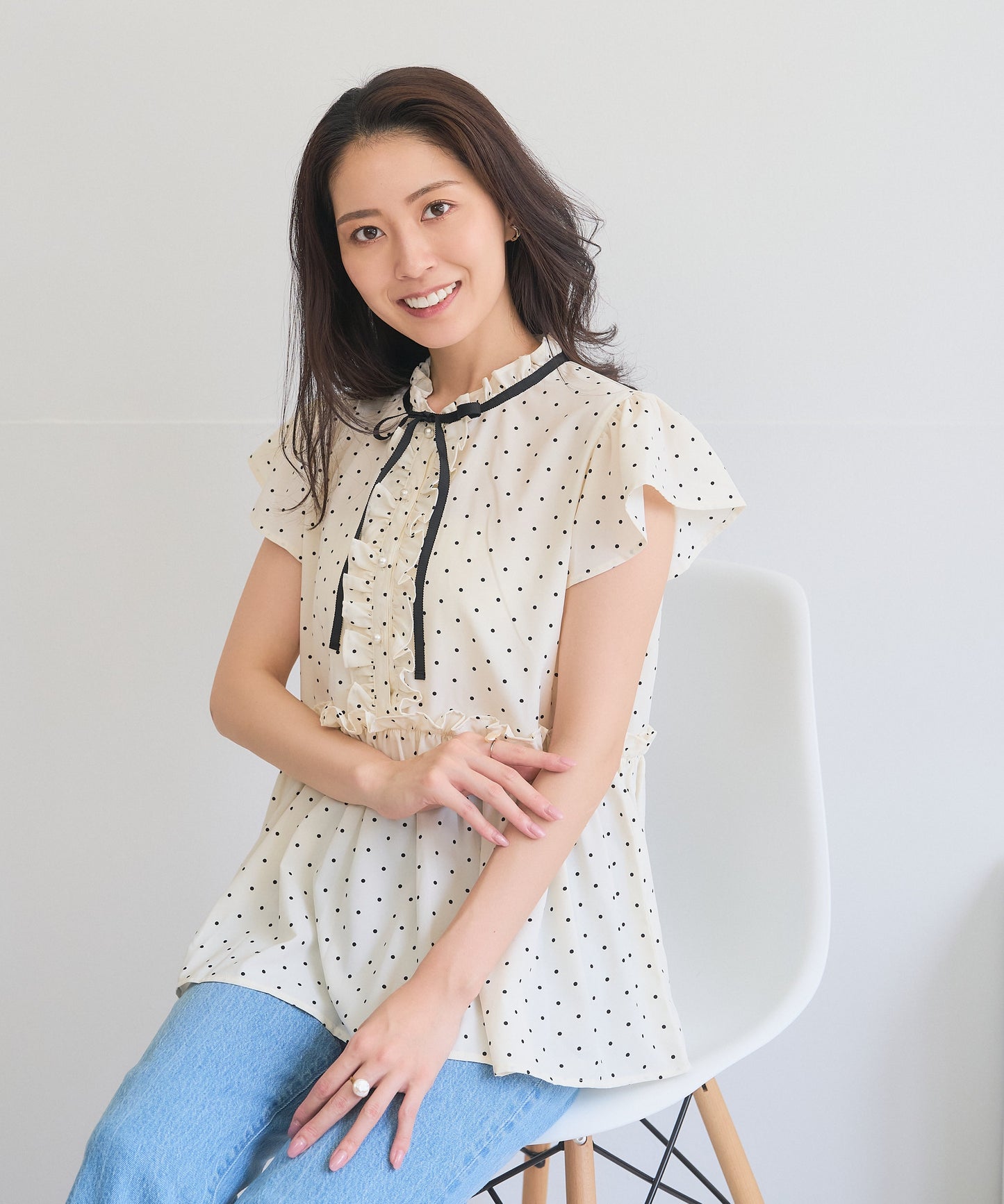 【8月5日(水)20時〜新発売】フレンチドットリボンペプラムブラウス
