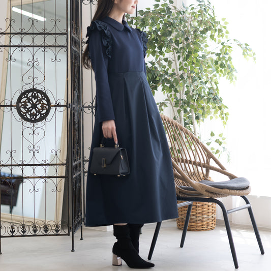 【9月5日(金)13時〜新発売】丸襟肩フリルタフタ切替ワンピース