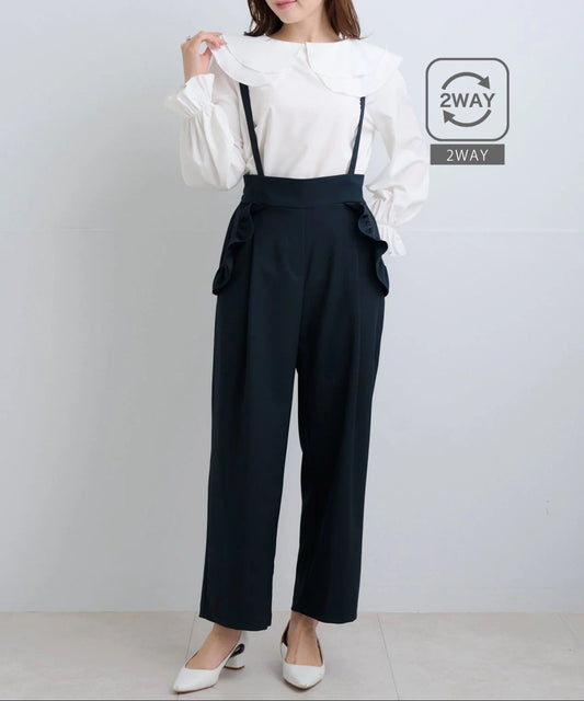 【3月1日(日)20時〜新色ネイビー販売開始】2wayサロペットフリルポケットパンツ