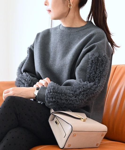 【12月14日(日)20時〜再再再再再再々入荷】袖チュール裏起毛トップス